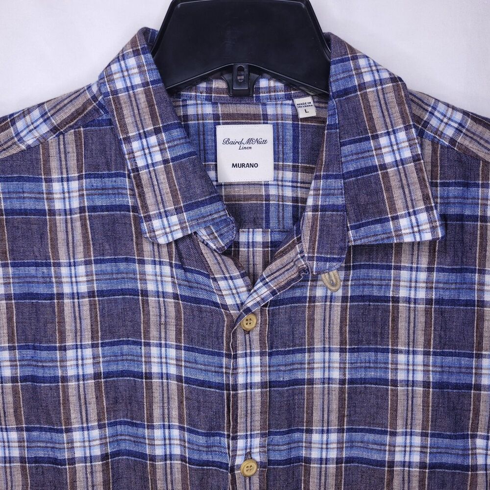Baird McNutt Linen Shirt Mens Large Plaid Blue Murano